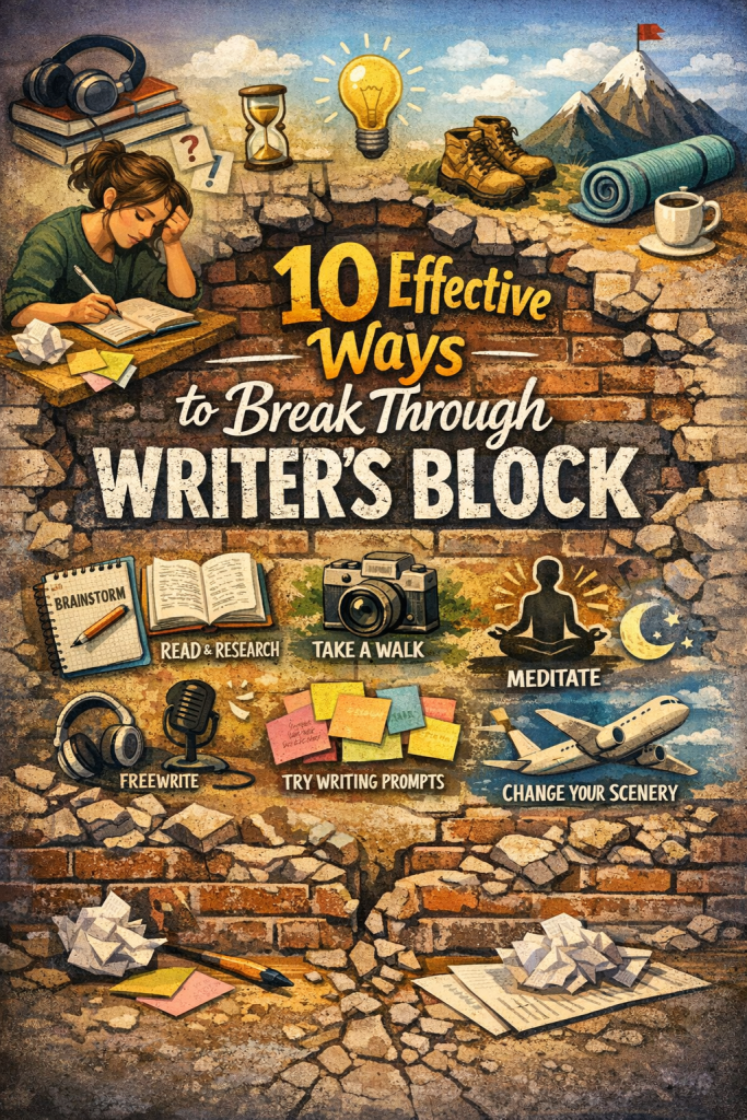 “Illustration for the blog post 10 Effective Ways to Break Through Writer’s Block, featuring a frustrated writer at a cluttered desk, creative icons like lightbulbs and question marks, and visual representations of brainstorming, freewriting, meditation, walking, and other creativity‑boosting techniques arranged around bold, textured title text on a cracked brick‑wall background.”