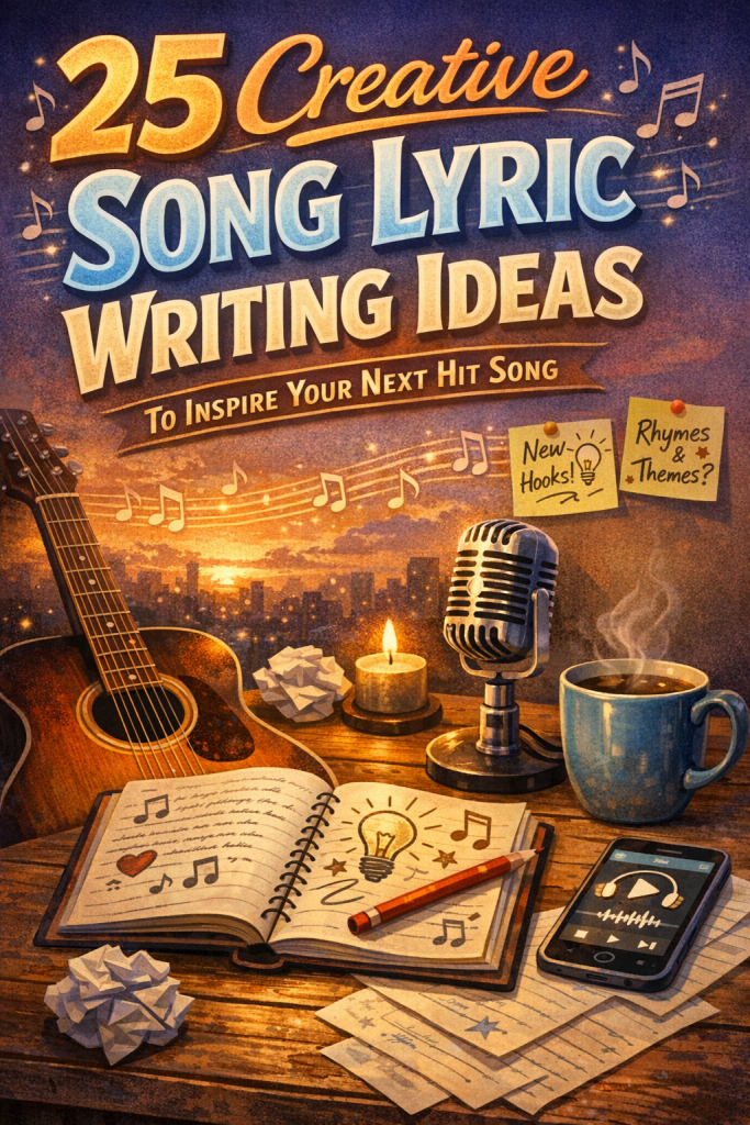 “Colorful blog header illustration for ‘25 Creative Song Lyric Writing Ideas.’ A warm wooden desk holds an open notebook with handwritten lyric ideas, a red pencil, a vintage microphone, headphones, a steaming coffee mug, and a smartphone with a music app. An acoustic guitar rests on the left, with sticky notes and musical doodles in the background. Bold, vibrant title text floats above the scene against a sunset gradient sky with musical notes.”