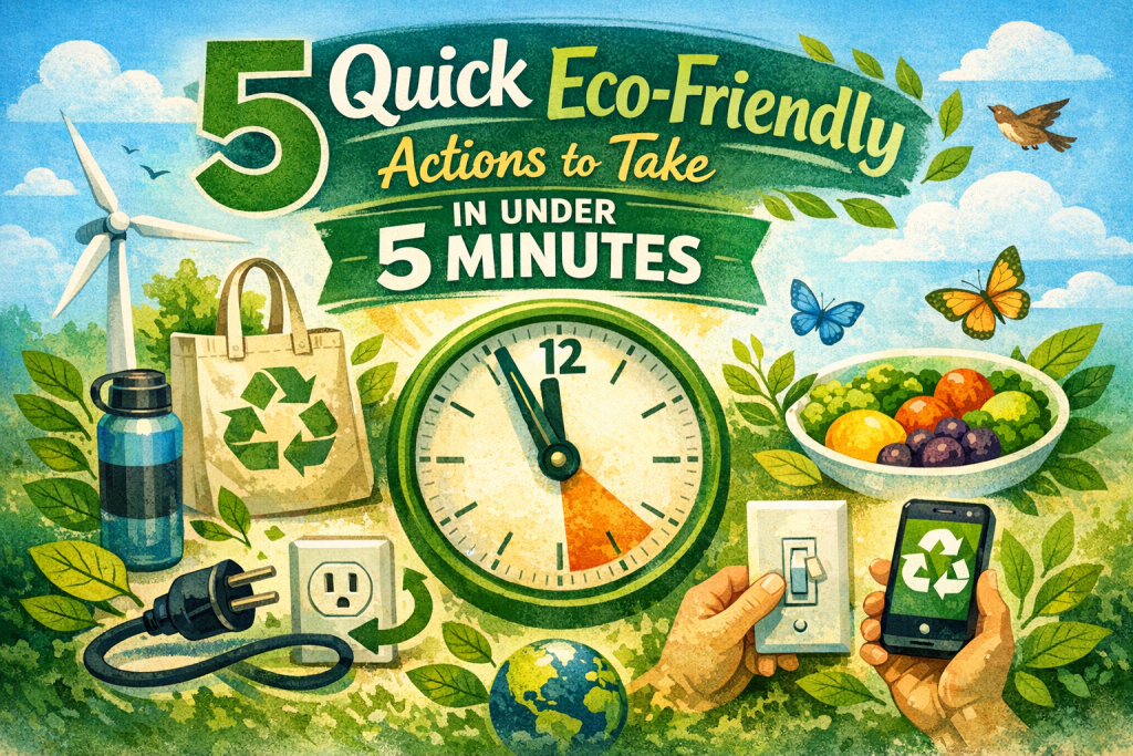 Illustration for “5 Quick Eco-Friendly Actions to Take in Under 5 Minutes” showing a green-themed clock surrounded by five eco actions: reusable bottle and tote, unplugging electronics, eating plant-based food, turning off lights, and using a recycling app. Wind turbine, leaves, butterflies, and a small globe enhance the eco-friendly theme.