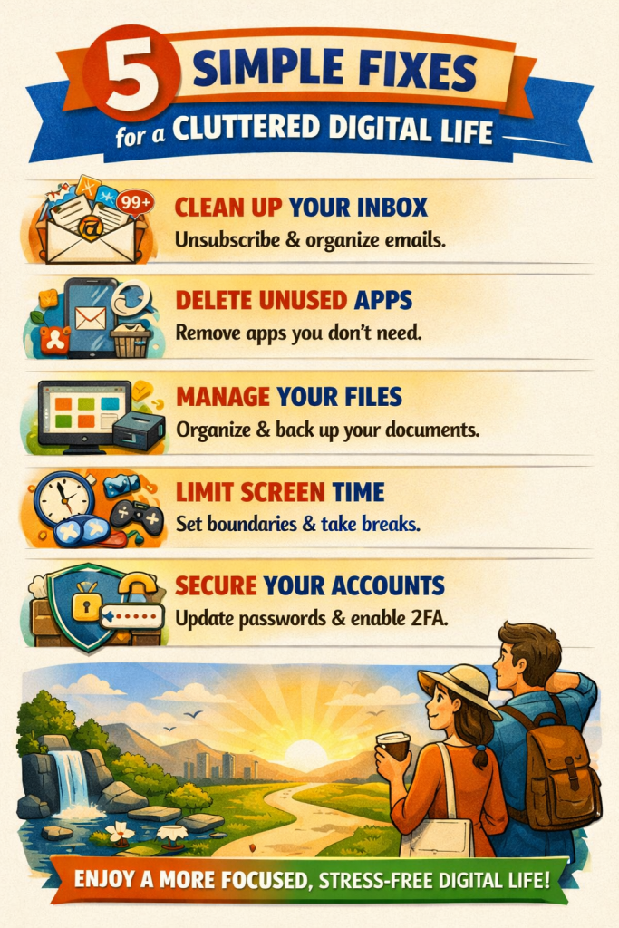 An infographic titled “5 Simple Fixes for a Cluttered Digital Life” features five vertical sections, each with an icon, bold heading, and brief description. The fixes include: “Clean Up Your Inbox” with an overflowing email icon; “Delete Unused Apps” with a smartphone and trash can; “Manage Your Files” with folders, cloud, and external drive; “Limit Screen Time” with a clock and crossed-out social icons; and “Secure Your Accounts” with a shield, padlock, and password field. At the bottom, a relaxed cartoon character leans back with coffee, laptop, and music notes nearby. The banner reads “Enjoy a More Focused, Stress-Free Digital Life!”