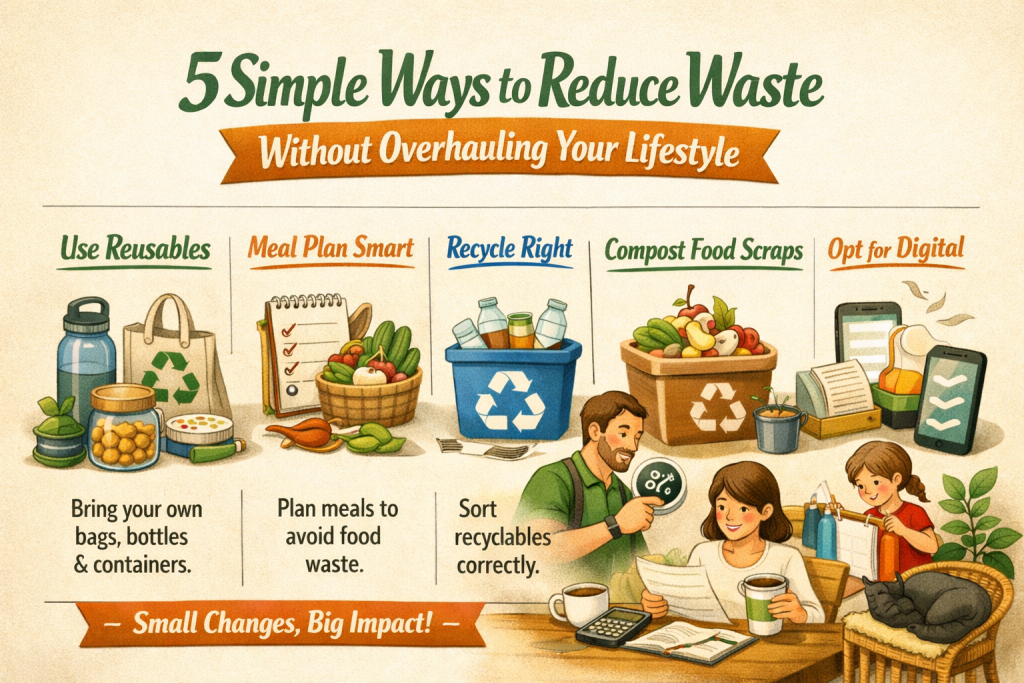Infographic titled “5 Simple Ways to Reduce Waste Without Overhauling Your Lifestyle” with five sections:

Use Reusables — stainless steel water bottle, coffee cup, cloth bag; “Bring your own bags, bottles & containers.”

Meal Plan Smart — notepad with fork/knife icon, basket of produce; “Plan meals to avoid food waste.”

Recycle Right — blue bin with recyclables; “Sort recyclables correctly.”

Compost Food Scraps — compost bin with apple core and peels; “Turn leftovers into compost.”

Opt for Digital — smartphone and tablet with envelope icon; “Go paperless when possible.”
Bottom banner reads “Small Changes, Big Impact!” in bold white letters on orange.
