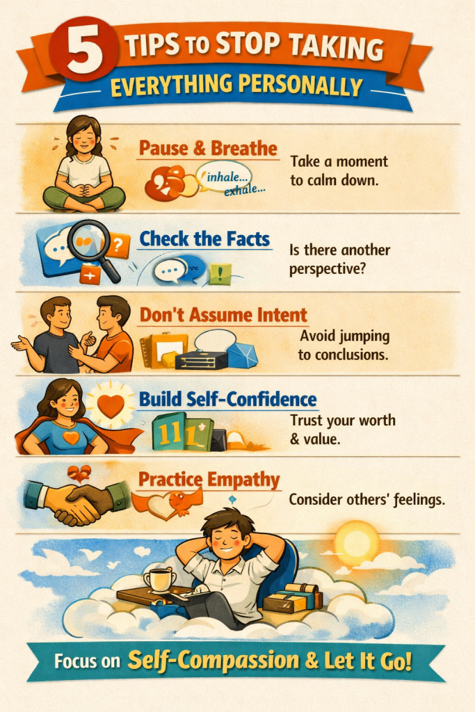An infographic titled “5 Tips to Stop Taking Everything Personally” features five illustrated sections. Tip 1: “Pause & Breathe” shows a person meditating with “inhale… exhale…” beneath, encouraging calm. Tip 2: “Check the Facts” displays a magnifying glass over speech bubbles, prompting perspective-taking. Tip 3: “Don’t Assume Intent” shows two people talking, reminding viewers to avoid jumping to conclusions. Tip 4: “Build Self-Confidence” features a woman in a cape with a heart emblem, symbolizing inner strength. Tip 5: “Practice Empathy” shows two hands shaking with a heart above, encouraging compassion. At the bottom, a person sits peacefully on a cloud with the phrase “Focus on Self-Compassion & Let It Go!” in bold text. The background includes a sun, birds, and floating hearts.