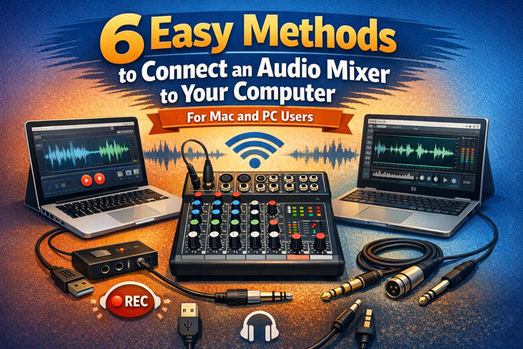 Illustration showing an audio mixer connected to both a MacBook and a Windows laptop, with USB, XLR, TRS, and 3.5mm cables displayed around the mixer. The title “6 Easy Methods to Connect an Audio Mixer to Your Computer for Mac and PC Users” appears above the devices in bold text. The scene uses blue and orange tones to highlight home‑studio connectivity.