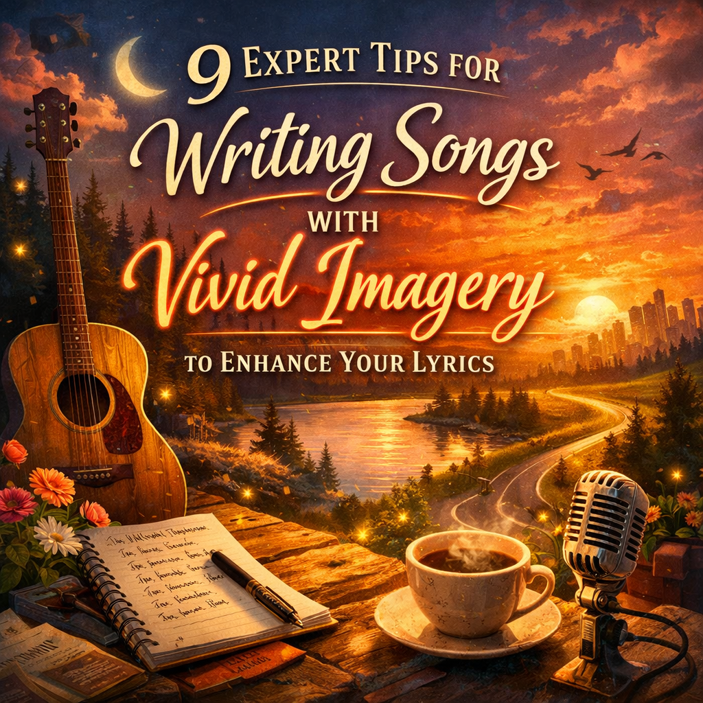 A warm, creative illustration featuring an acoustic guitar, a lyric notebook with a pen, a vintage microphone, and a glowing sunset landscape. The scene blends musical tools with vivid imagery—fireflies, flowers, a crescent moon, and a winding road—to visually represent the theme “9 Expert Tips for Writing Songs with Vivid Imagery to Enhance Your Lyrics.”