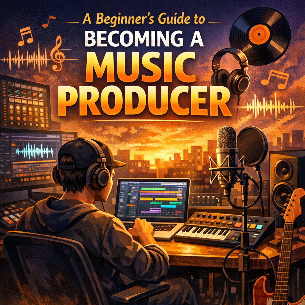 A cozy beginner home studio with a young music producer wearing headphones, working on a laptop displaying a DAW. A MIDI keyboard, studio monitors, microphone with pop filter, and colorful music icons surround the workspace, creating an inviting, creative atmosphere for new producers.