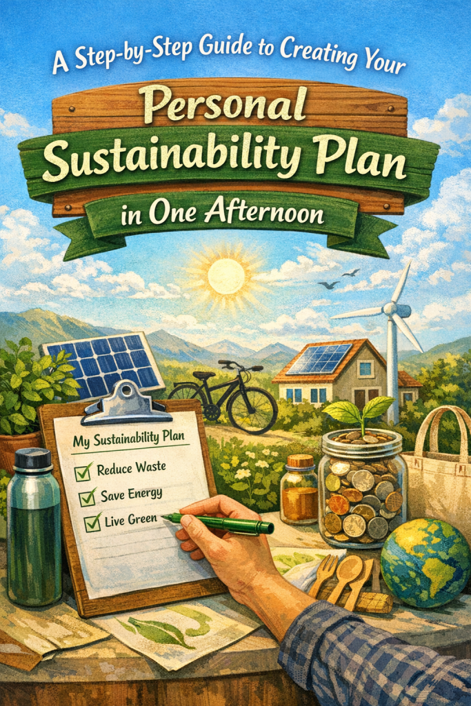 Illustration of a personal sustainability planning scene with a clipboard checklist, reusable items, plants, solar panels, a bicycle, and eco‑friendly symbols arranged on a table under a bright, calm outdoor landscape. The header reads “A Step‑by‑Step Guide to Creating Your Personal Sustainability Plan in One Afternoon,” emphasizing approachable, everyday sustainable living.