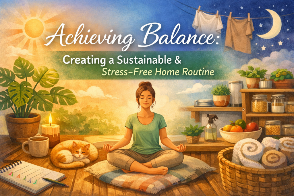 A cozy, sunlit home scene featuring a woman meditating cross‑legged on a floor cushion, surrounded by simple sustainable elements: a potted monstera plant, a lit candle, a warm mug, neatly organized kitchen jars, and a sleeping cat. Soft daylight blends into gentle moonlight, symbolizing balanced daily rhythms. The title “Achieving Balance: Creating a Sustainable & Stress‑Free Home Routine” appears above her in calm, inviting lettering.