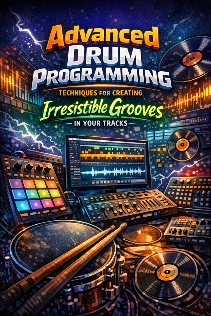 A vibrant digital illustration showing electronic drum pads, a DAW screen with sequenced drum patterns, mixing gear, and glowing audio‑wave visuals. Bold neon text reads “Advanced Drum Programming Techniques for Creating Irresistible Grooves in Your Tracks,” capturing the energy and movement of modern groove design.