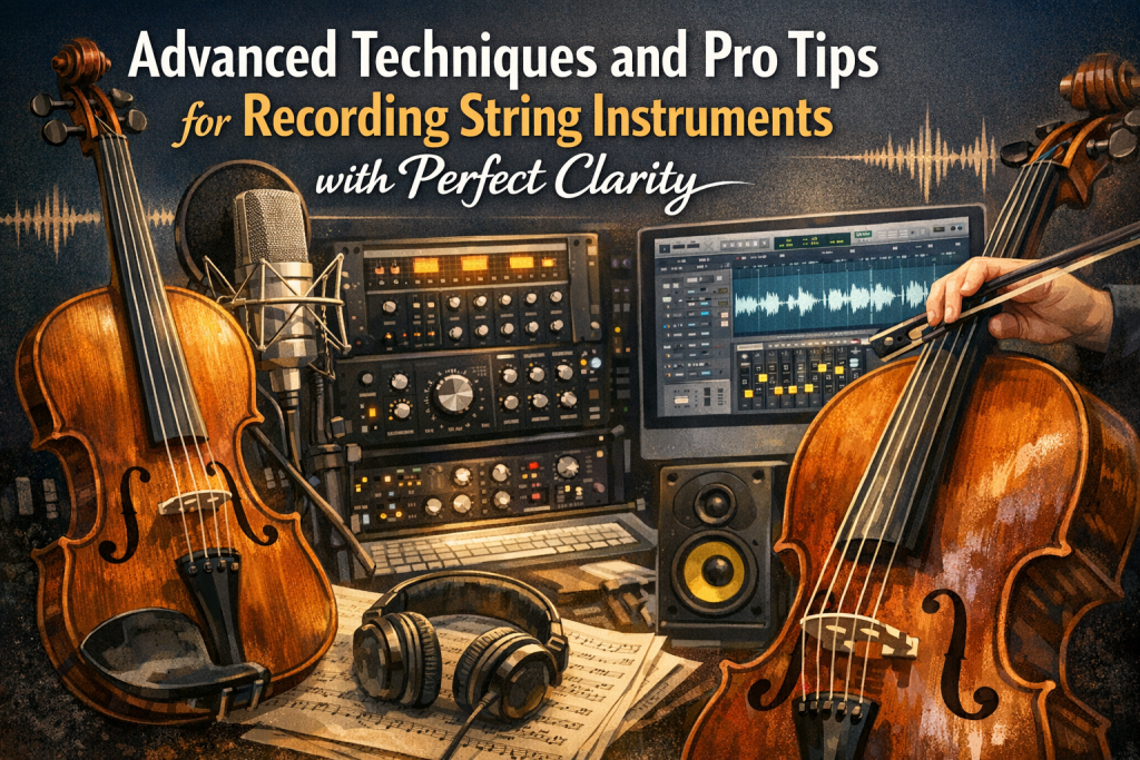 Digital illustration showing a violin, cello, and professional studio gear — including a condenser microphone, mixing console, DAW screen, and headphones — arranged in a warm, well‑lit recording space. The scene emphasizes precision mic placement and high‑end acoustic detail, supporting the theme of advanced techniques for recording string instruments with perfect clarity.