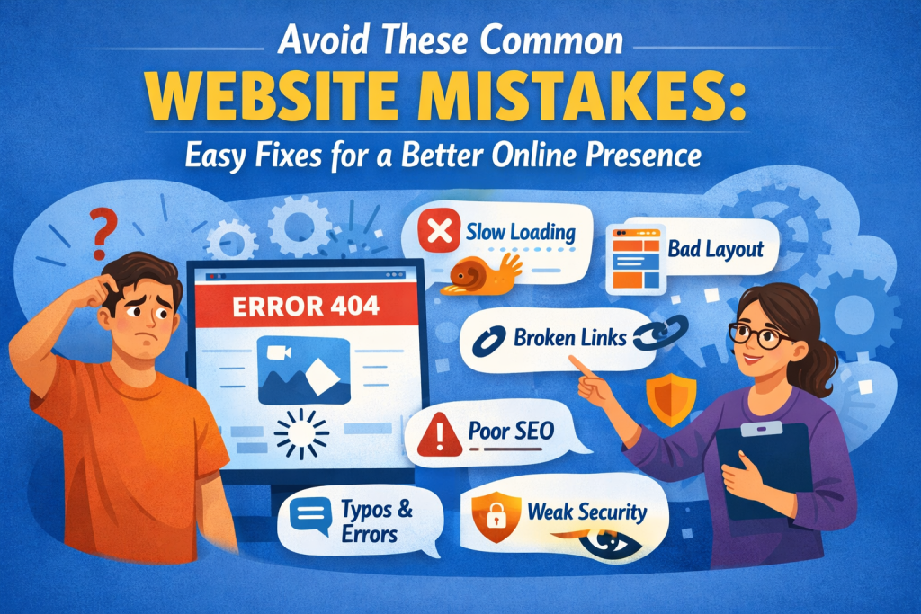 A clean, modern illustration showing two characters reacting to common website problems. On the left, a confused man looks at a computer screen displaying a red “Error 404” message and a broken image icon. On the right, a woman with a clipboard points toward floating warning icons labeled “Slow Loading,” “Bad Layout,” and “Broken Links.” Additional icons at the bottom highlight issues like poor SEO, typos, and weak security. The background features soft blue tones, gears, and abstract shapes, creating a friendly, educational feel that supports the theme “Avoid These Common Website Mistakes: Easy Fixes for a Better Online Presence.”