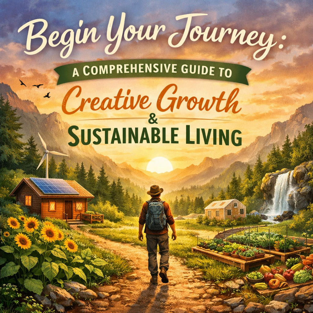 A warm, inviting illustrated landscape showing a person with a backpack walking along a dirt path toward sunlit mountains. On the left sits a small cabin with a solar panel, a garden of sunflowers, and a wind turbine. On the right are raised vegetable beds and a small greenhouse. A waterfall flows in the distance. The sky glows with sunrise colors, and the title ‘Begin Your Journey: A Comprehensive Guide to Creative Growth & Sustainable Living’ appears in soft, hand‑drawn lettering.