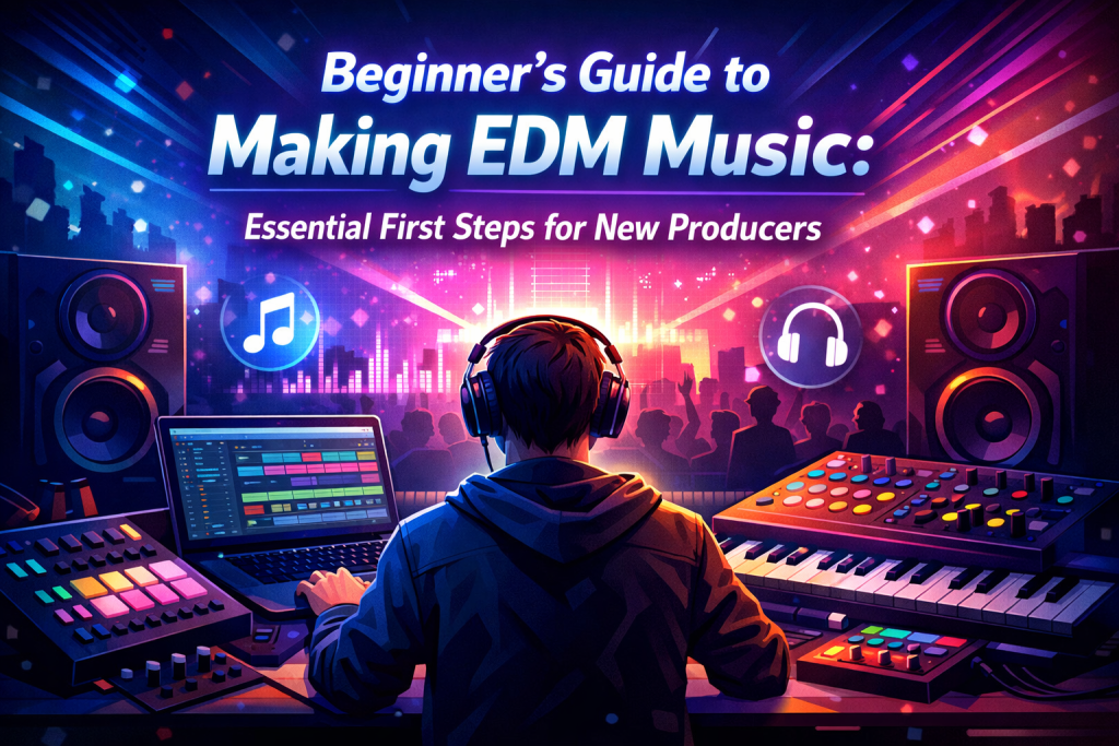 “Digital illustration of a beginner EDM producer sitting at a neon-lit home studio desk with a laptop DAW, MIDI keyboard, glowing pads, and studio monitors. Vibrant blue, purple, and pink lighting creates an energetic, futuristic atmosphere. Abstract sound waves and light beams fill the background, reinforcing the theme ‘Beginner’s Guide to Making EDM Music: Essential First Steps for New Producers.’”