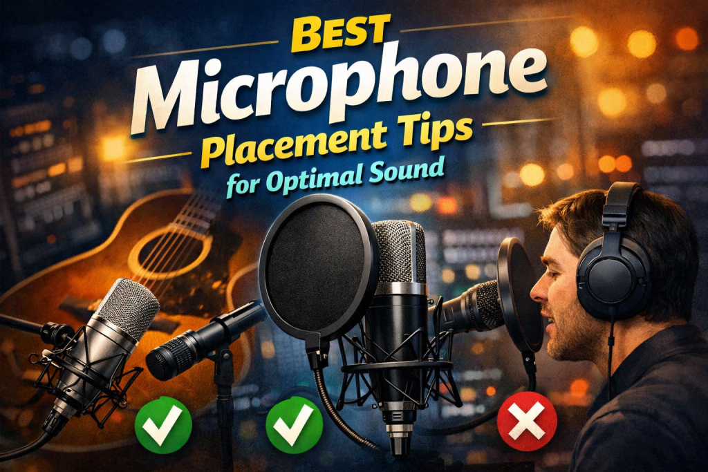 “Digital illustration showing three microphone placement examples: a condenser mic angled toward an acoustic guitar (correct), a dynamic mic positioned behind a pop filter for vocals (correct), and a person speaking too close to a mic at mouth level (incorrect). Studio background with warm and cool lighting.”