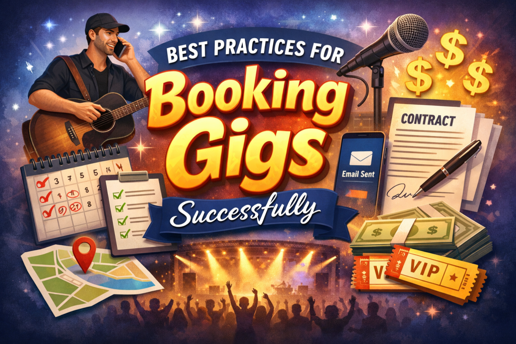 A vibrant digital illustration featuring the title “Best Practices for Booking Gigs Successfully” surrounded by icons of a musician with a guitar, a calendar with circled dates, a checklist, a microphone, an email notification, a contract with dollar signs, and a concert crowd under bright stage lights. The background blends blue and purple tones with subtle light effects, conveying energy and professionalism.
