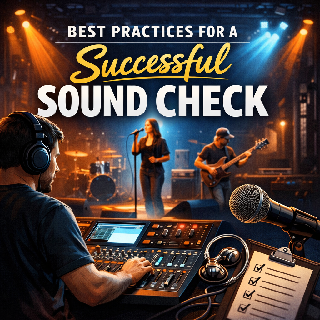 Digital illustration of a live sound check: a sound engineer adjusts a mixing console in the foreground while a singer, guitarist, and drummer test their levels on a stage lit with blue and orange lights. A microphone, in‑ear monitor, and checklist appear in the lower corner, reinforcing the theme of preparation and best practices. Bold title text reads “Best Practices for a Successful Sound Check.”