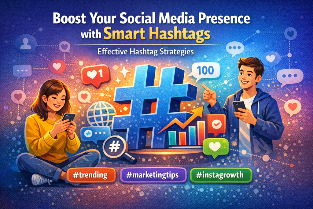 “Digital illustration of a large blue hashtag symbol surrounded by social media icons like hearts, comments, and analytics. A woman sits cross‑legged using her phone on the left, and a man points to the hashtag on the right. Colorful trending tags such as #trending, #marketingtips, and #instagrowth appear below, all set against a blue‑purple gradient background representing social media growth and engagement.”