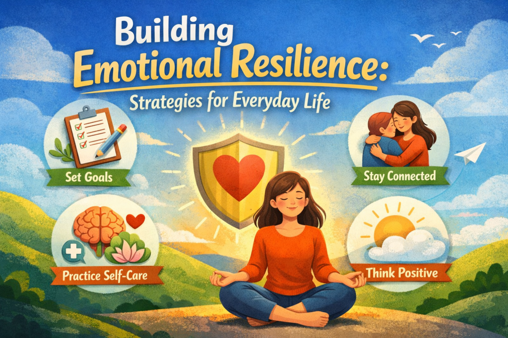 A bright, uplifting illustration for a blog post titled “Building Emotional Resilience: Strategies for Everyday Life.” A woman sits cross‑legged in a calm meditation pose, eyes closed, wearing an orange sweater and blue pants. Behind her, a glowing shield with a heart symbolizes inner strength. Surrounding her are four circular icons: a checklist labeled “Set Goals,” two people embracing labeled “Stay Connected,” a brain and heart labeled “Practice Self‑Care,” and a sun emerging from clouds labeled “Think Positive.” The background shows rolling green hills, a rising sun, and a soft blue sky with small birds and paper airplanes, creating a hopeful, grounded atmosphere.