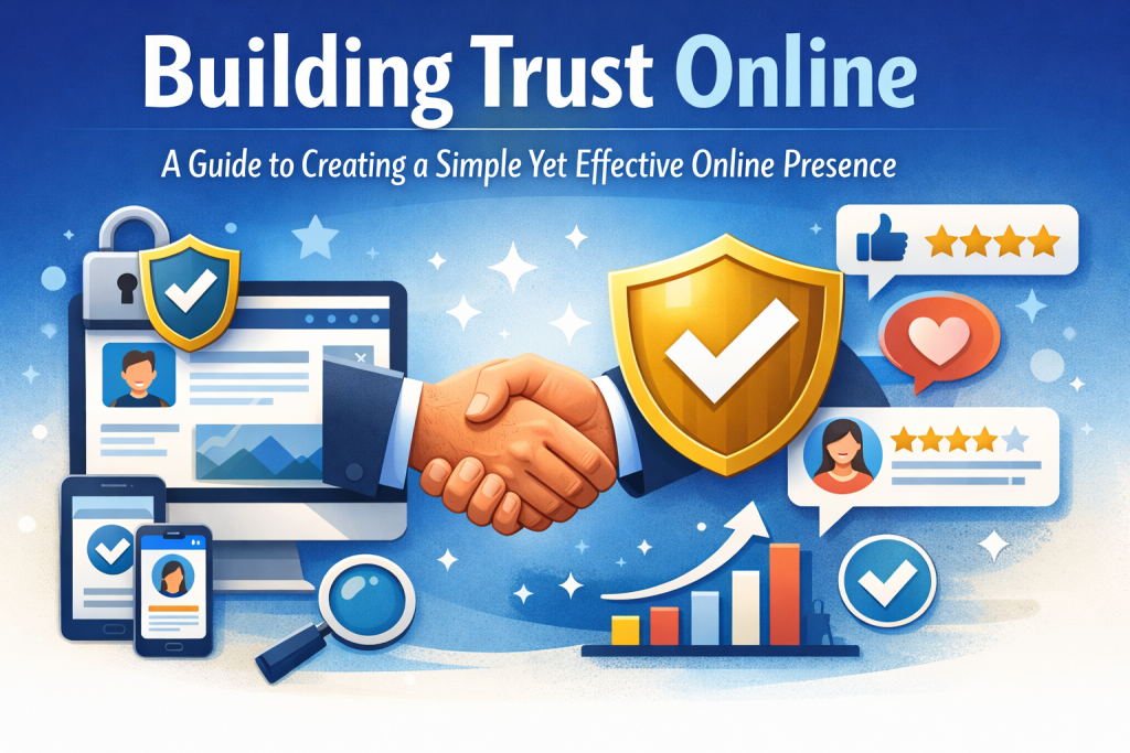 Digital illustration showing trust‑building elements for an online presence: a computer screen and smartphone displaying verified profiles, a close‑up handshake in the center, and a gold shield with a checkmark symbolizing credibility. Surrounding icons include a padlock, five‑star reviews, a heart, a magnifying glass, and an upward‑trending graph. The title ‘Building Trust Online’ appears at the top on a blue gradient background. The overall style is clean, modern, and friendly, emphasizing safety, authenticity, and connection.