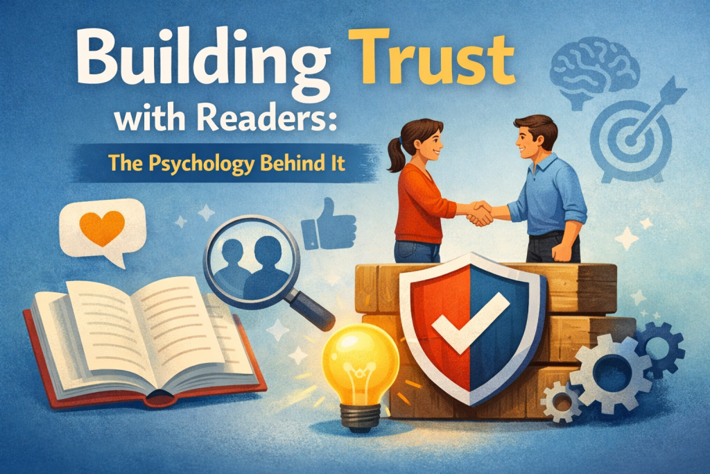 Illustration for a blog post titled “Building Trust with Readers: The Psychology Behind It.” The design shows two characters shaking hands on top of a shield with a checkmark, symbolizing trust. Surrounding them are icons of a heart, a magnifying glass over two people, a thumbs‑up, a lightbulb, gears, and an open book. The background is a soft blue gradient with faint outlines of a brain and a target, reinforcing themes of psychology and connection.
