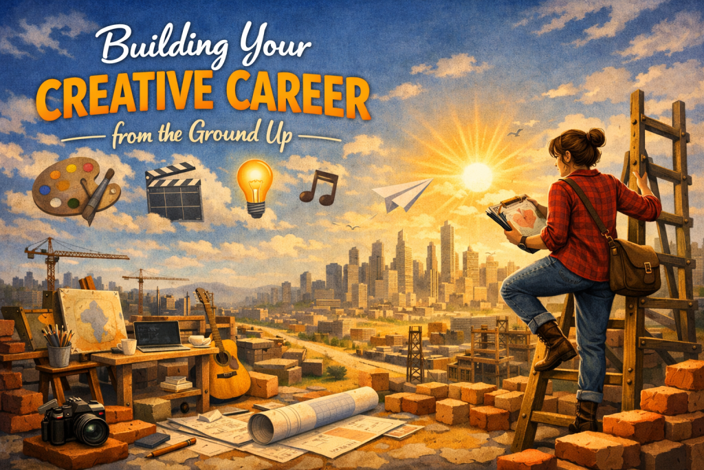 A warm, inspirational illustration of a young creative climbing a wooden ladder overlooking a city being built from the ground up. She carries a sketchbook and pencil, wearing a red flannel shirt and satchel, symbolizing early‑stage creative work. Below her, a cityscape is under construction with cranes, scaffolding, and half‑finished buildings. An artist’s workspace sits in the foreground with an easel, guitar, laptop, brushes, and coffee cup. In the sky, icons like a paint palette, film clapperboard, light bulb, and music note float among clouds, representing different creative paths. A paper airplane flies toward a glowing skyline in the distance. The overall mood is hopeful and forward‑moving, emphasizing the idea of building a creative career step by step.