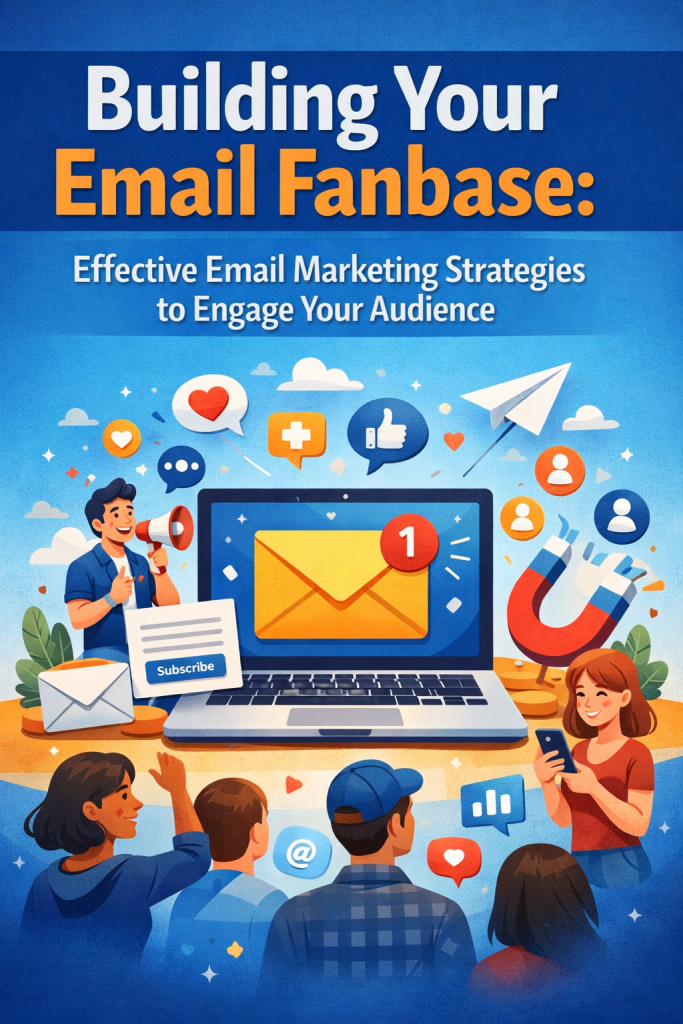 A colorful digital illustration showing an open laptop with a new‑email notification surrounded by diverse characters engaging with digital content. Icons like hearts, thumbs‑up, speech bubbles, and paper airplanes float around the screen, along with a magnet attracting user avatars and engagement symbols. A sign‑up form with a “Subscribe” button appears beside the laptop, representing audience growth and effective email marketing strategies.