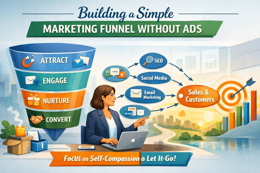 A sleek illustration titled “Building a Simple Marketing Funnel Without Ads” features the subtitle below the title. On the left, a large funnel is segmented into four stages: "Attract" at the top with icons of a magnet and content; "Engage" below with an email icon and chat bubble; "Nurture" below with an icon of a gift and checklist; and "Convert" at the bottom with a handshake and dollar sign. To the right, a woman in a blazer works on a laptop while pointing at interconnected icons: "SEO," "Social Media," "Email Marketing," "Webinars," and "Lead Magnet," connected with arrows leading to “Sales & Customers” with a target and rising graph. The background has charts and a cityscape.