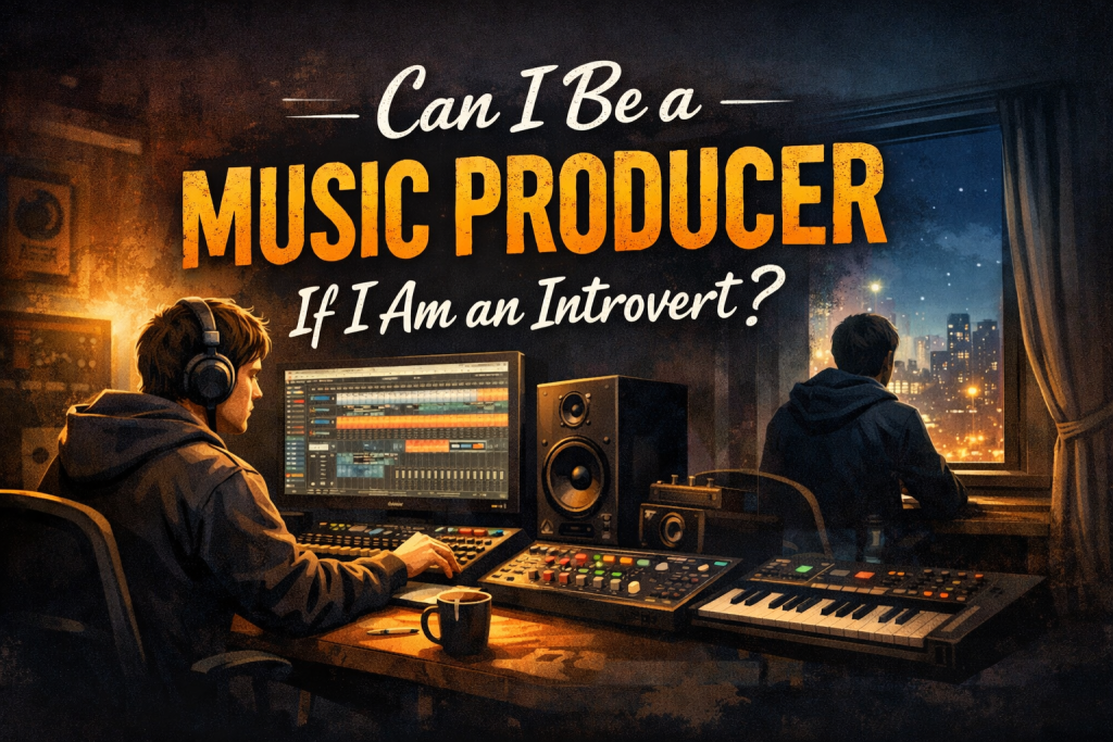 A focused, introverted music producer sits alone in a dimly lit home studio, wearing large headphones while working quietly on a digital audio workstation. Soft, warm light highlights the mixing console, MIDI keyboard, and computer screen. On the right side of the scene, a window reveals a calm nighttime cityscape, reinforcing the mood of solitude and reflective creativity. Bold text on the image reads: “Can I Be a Music Producer If I Am an Introvert?”