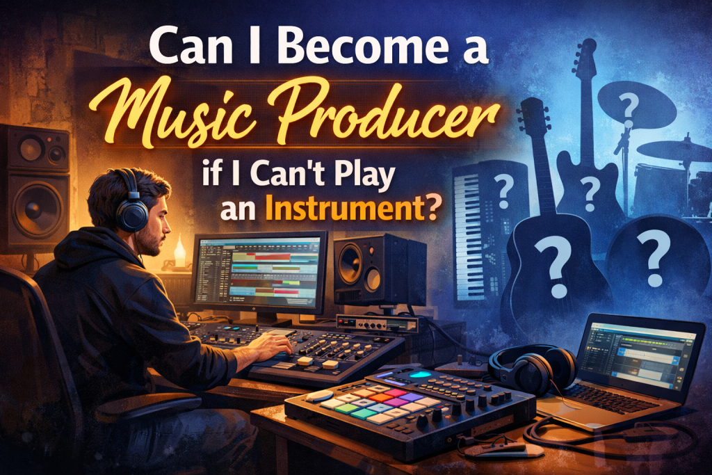 A focused beginner music producer sits at a home studio desk, wearing headphones and working inside a digital audio workstation on a glowing computer screen. Colorful pads on a MIDI controller, studio monitors, and a microphone surround him. On the right side of the image, soft blue silhouettes of instruments—guitar, keyboard, drums—float with question marks above them, symbolizing uncertainty about needing to play an instrument. Bold, high‑contrast text asks: “Can I Become a Music Producer if I Can’t Play an Instrument?” against a vibrant blue‑purple‑orange gradient background.