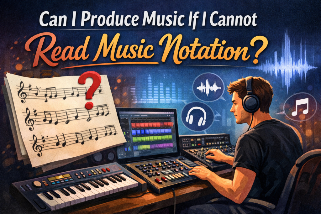 A digital illustration showing a young music producer working confidently in a home studio with a laptop, MIDI keyboard, and colorful DAW tracks, contrasted against a sheet of traditional music notation with a question mark above it. The image highlights the idea that modern music production is possible without reading standard notation.
