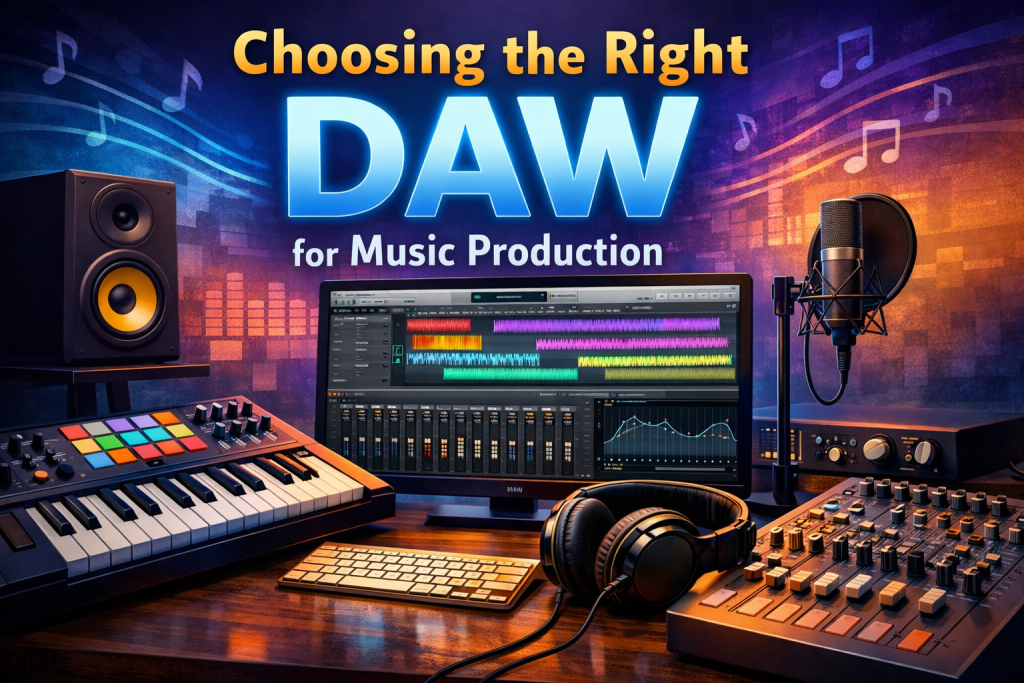 A colorful digital illustration showing a music production workspace with a DAW interface on a computer screen, a MIDI keyboard, studio headphones, an audio interface, and a mixing console. The title “Choosing the Right DAW for Music Production” appears above the setup in bold, glowing text.