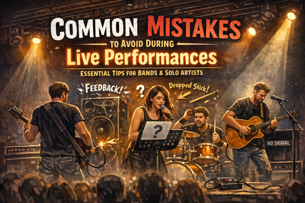 Illustration of common live performance mistakes featuring musicians on stage dealing with issues like feedback, forgotten lyrics, dropped drumsticks, and technical problems, supporting a blog post about essential tips for bands and solo artists to avoid onstage errors.