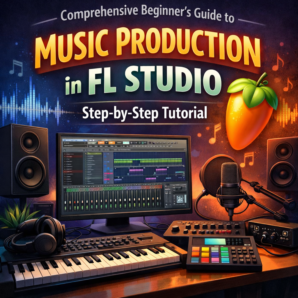 A vibrant digital illustration of a home music studio featuring a computer screen displaying the FL Studio interface, surrounded by a MIDI keyboard, studio monitors, headphones, a microphone with a pop filter, and colorful audio waveforms. The title “Comprehensive Beginner’s Guide to Music Production in FL Studio: Step-by-Step Tutorial” appears above the setup, creating an inviting, confidence‑boosting visual for new producers.