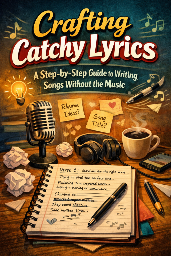 “Illustration of a songwriter’s workspace featuring an open notebook with handwritten lyric ideas, a vintage microphone, headphones, sticky notes, and a warm creative atmosphere. Designed for the blog post ‘Crafting Catchy Lyrics: A Step‑by‑Step Guide to Writing Songs Without the Music,’ the image evokes inspiration, clarity, and the early stages of lyric writing.”