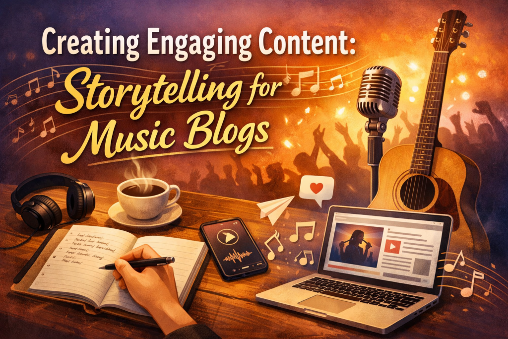 “Digital illustration of a music‑blog workspace: an open notebook with a hand writing ideas, headphones, a smartphone showing a music player, a warm cup of coffee, an acoustic guitar, and a vintage microphone. A laptop displays a music‑blog post while glowing musical notes and crowd silhouettes suggest storytelling and live‑music energy. Header text reads ‘Creating Engaging Content: Storytelling for Music Blogs.’”