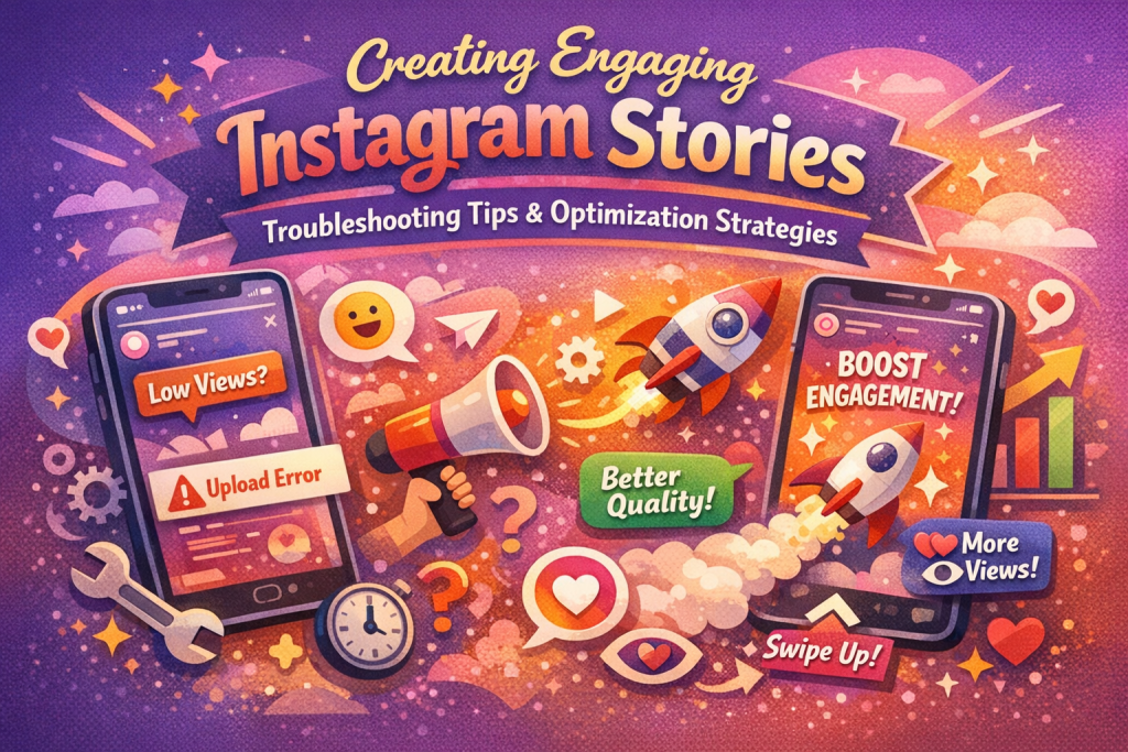 “Vibrant digital illustration for a blog post on creating engaging Instagram Stories, featuring two smartphones showing Story screens with engagement tips, troubleshooting icons, and colorful notifications on a pink‑purple gradient background. Includes symbols for upload errors, analytics, timing, and optimization strategies to visually represent improving Story quality and boosting audience interaction.”