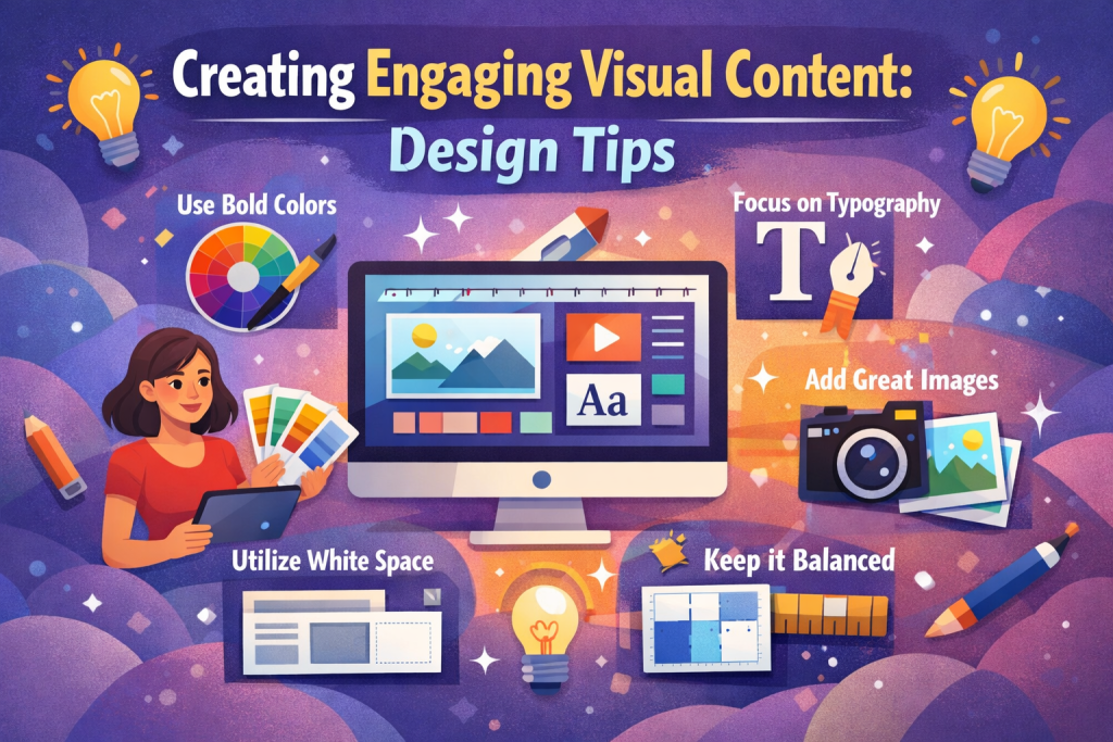 “Digital illustration showing a designer creating visual content on a computer screen, surrounded by icons for bold colors, typography, white space, balance, and great imagery. A woman holds a color palette and tablet on the left, while the layout features bright gradients, simple shapes, and a clean, modern design. The header text reads ‘Creating Engaging Visual Content: Design Tips.’”
