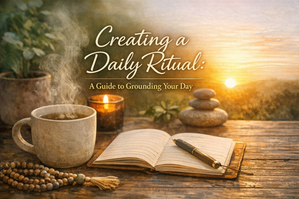 A warm morning scene featuring a steaming cup of herbal tea beside an open journal and pen on a wooden surface. A lit amber candle, stacked meditation stones, and a small green plant add a calming, grounding atmosphere. Soft golden sunrise light glows in the background, creating a peaceful setting for daily rituals.