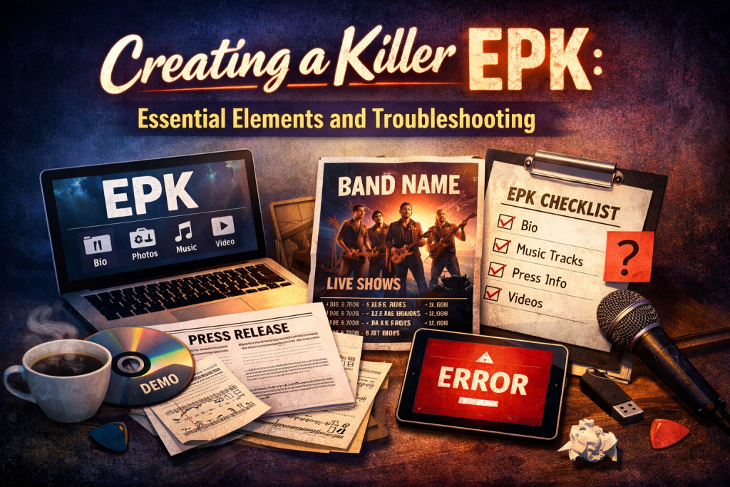“A digital illustration showing essential elements of a musician’s Electronic Press Kit (EPK) arranged on a desk: a laptop displaying EPK sections like Bio, Photos, Music, and Video; a press release page; a band promo photo; a checklist labeled EPK Checklist; and a tablet showing an error warning to represent troubleshooting. The background uses bold blue and purple lighting for a professional, modern feel.”