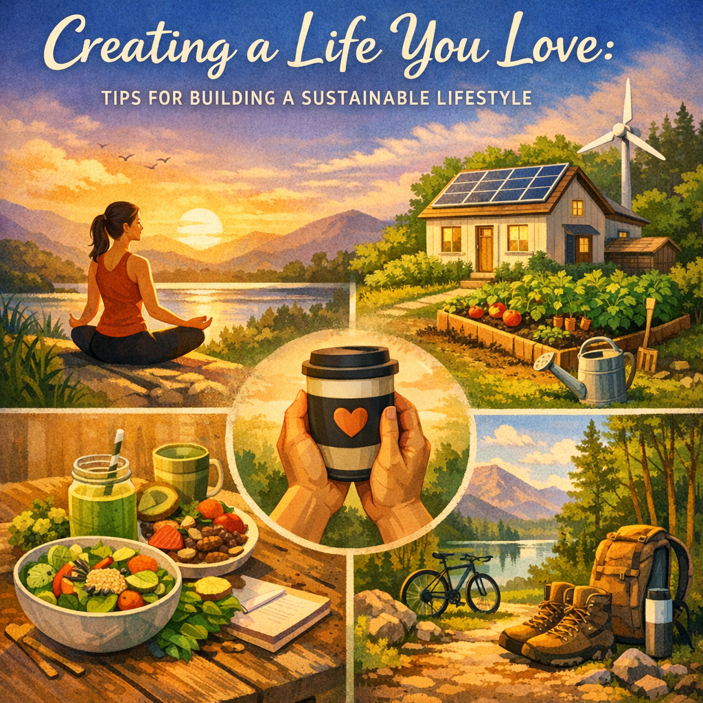 A warm, inviting illustration showing four scenes of sustainable living: a woman meditating outdoors at sunset, an eco‑friendly home with solar panels and a vegetable garden, a table of colorful plant‑based foods, and hiking gear beside a forest trail. In the center, hands hold a reusable coffee cup with a heart symbol. Soft golden light and natural greens create a calm, hopeful atmosphere. Text at the top reads “Creating a Life You Love: Tips for Building a Sustainable Lifestyle.”