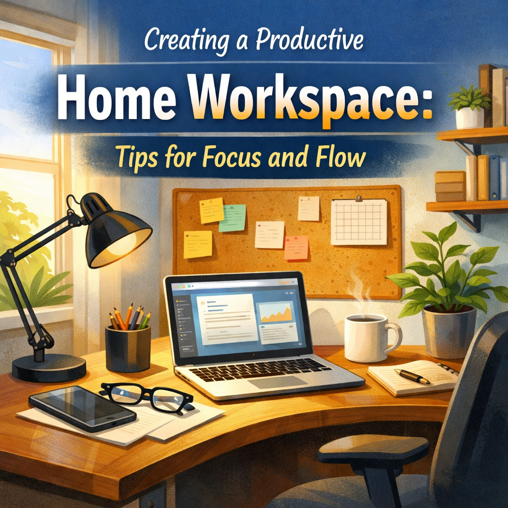 A clean, modern home workspace bathed in natural light. A laptop sits centered on a tidy wooden desk, surrounded by a warm desk lamp, a steaming mug, a small plant, and neatly arranged notebooks. A corkboard with sticky notes and a minimalist calendar hangs above the desk. Sunlight streams through a nearby window with greenery outside, creating a calm, focused atmosphere. The overall scene conveys clarity, organization, and a sense of effortless creative flow.