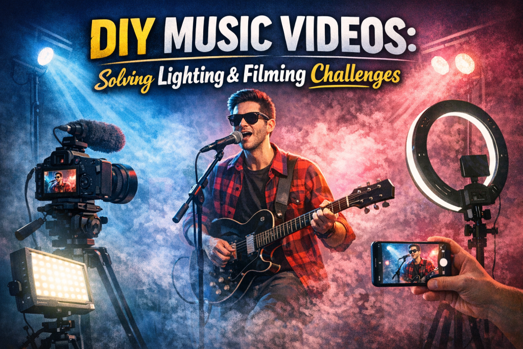Digital illustration of a musician performing with guitar under blue and pink lights, surrounded by DIY video gear including a DSLR on a tripod, a ring light, LED panel, and a smartphone filming the scene. Bold title text reads “DIY Music Videos: Solving Lighting & Filming Challenges.” The image conveys low‑budget creative lighting setups and practical filming solutions for beginners.