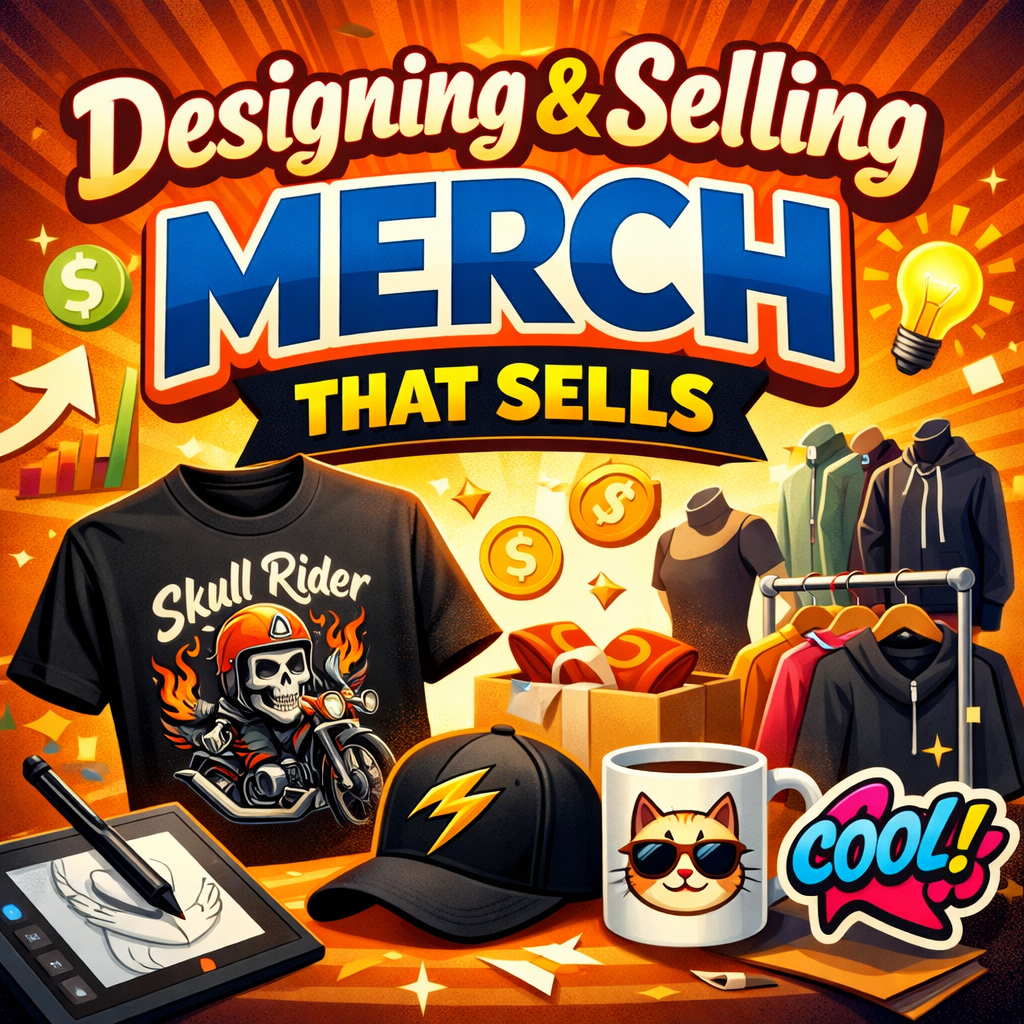 A vibrant digital illustration featuring bold 3D text reading “Designing & Selling Merch That Sells,” surrounded by popular merch items including a graphic T‑shirt, branded cap, illustrated mug, and colorful sticker. Additional elements like a drawing tablet, posters, mannequins, and floating dollar signs emphasize creativity, branding, and profitable merch design.