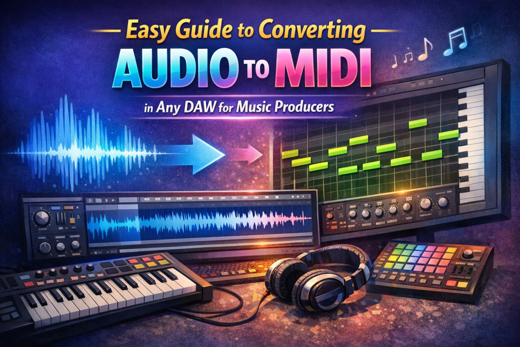 A vibrant blog graphic showing the title “Easy Guide to Converting Audio to MIDI in Any DAW.” The left side displays a glowing blue audio waveform with an arrow pointing toward a green MIDI piano‑roll grid on the right. Below, a DAW interface shows both waveform and MIDI tracks. A MIDI keyboard, headphones, and pad controller sit in the foreground, all against a colorful blue‑purple studio‑style background.