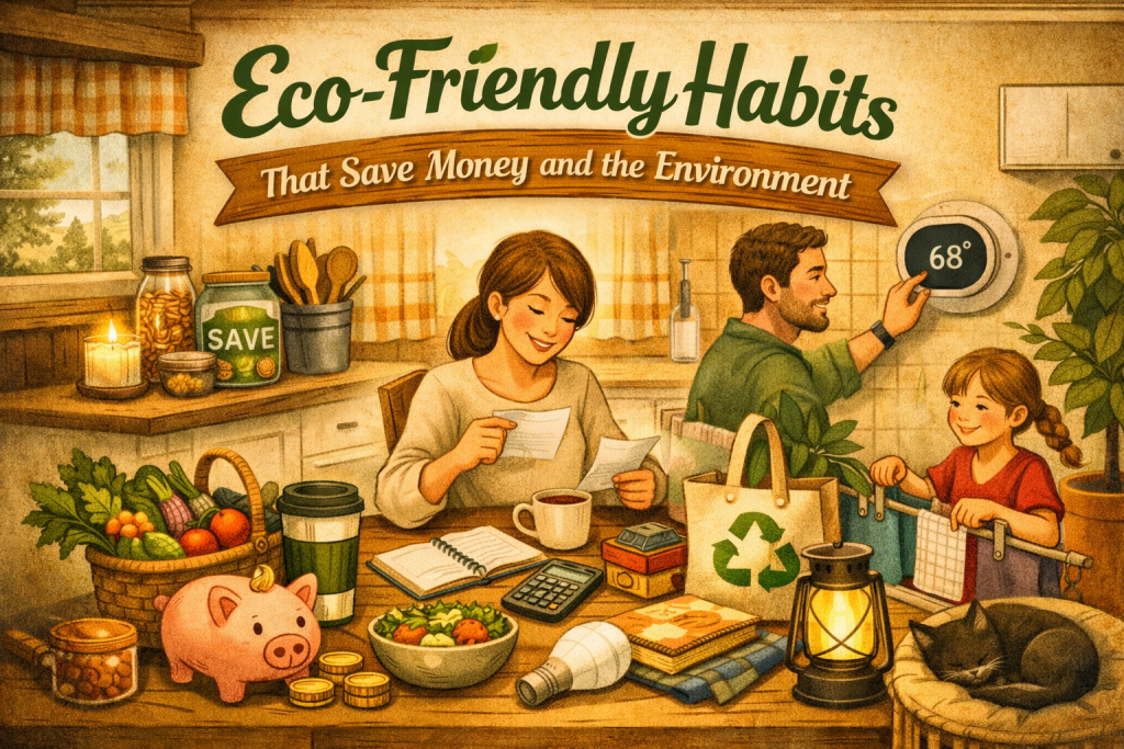 Warm illustration for “Eco-Friendly Habits That Save Money and the Environment” showing a rustic kitchen scene: woman smiling while reviewing bills, man adjusting smart thermostat, child hanging laundry near a potted plant, and a sleeping cat on a wicker chair. Visuals include reusable jars, cloth bags, fresh produce, beeswax wraps, and a solar lantern. Title appears above in green cursive and cream block letters on a wooden sign.