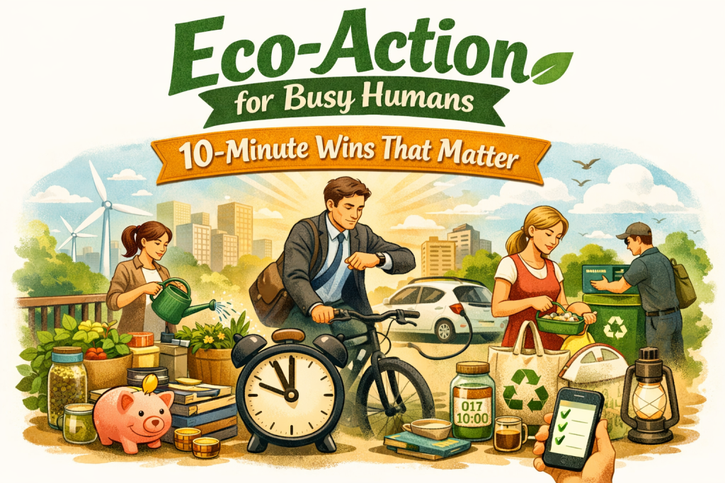 Illustration for “Eco‑Action for Busy Humans: 10-Minute Wins That Matter” showing a city scene with quick eco actions: woman watering balcony plants, man biking to work while checking smartwatch, electric car charging, mother packing reusable lunch container, delivery worker recycling. A large alarm clock shows 10:00, and a smartphone displays a checklist. Title appears above in bold green and white with a yellow banner.