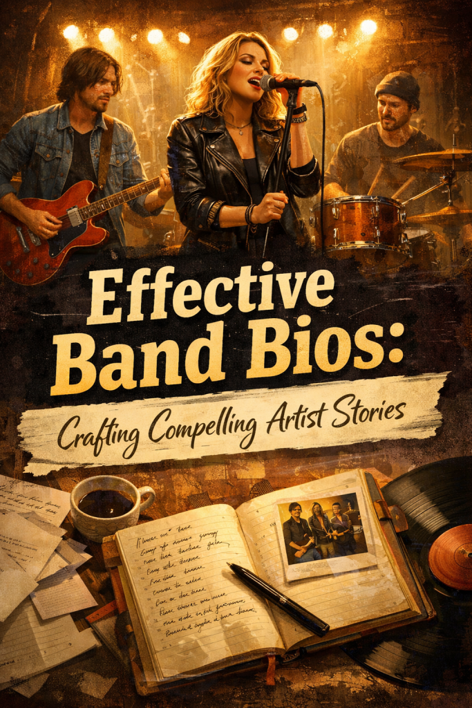 “Illustration of a band performing onstage under warm lights, paired with creative writing elements like a notebook, typewriter, and vinyl record. Designed to represent the process of crafting effective band bios and compelling artist stories.”
