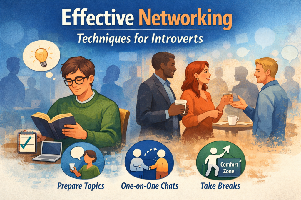 A calm, introvert‑friendly illustration showing a thoughtful person reading on the left and a small, friendly networking group chatting on the right. Soft blue and orange tones create a balanced mood. Three simple icons at the bottom highlight key strategies: preparing topics, having one‑on‑one conversations, and taking breaks.