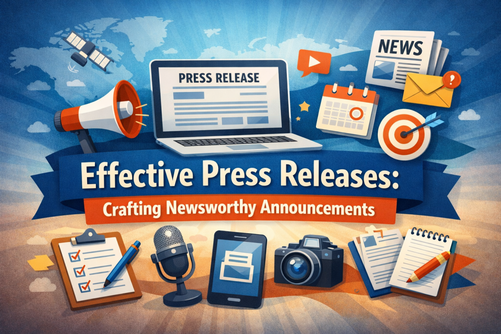 “Colorful digital illustration showing a laptop displaying a ‘PRESS RELEASE’ document, surrounded by media icons like a megaphone, newspaper, microphone, camera, and calendar. Bold banners read ‘Effective Press Releases: Crafting Newsworthy Announcements.’ Blue gradient background with light rays emphasizes communication, storytelling, and news distribution.”