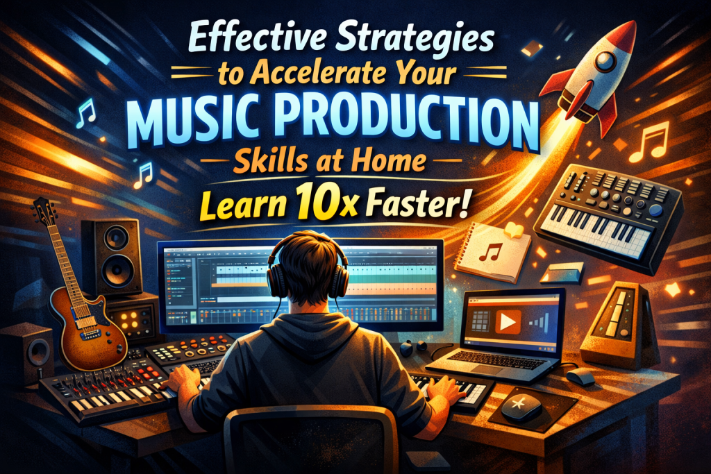 A vibrant digital illustration of a home music producer sitting at a desk with headphones on, working in a DAW on a computer screen. A MIDI keyboard, mixing console, and studio monitors surround them. Dynamic blue and orange light streaks frame floating icons like a synthesizer, metronome, notebook, and rocket, symbolizing rapid learning. Bold text reads “Effective Strategies to Accelerate Your Music Production Skills at Home — Learn 10x Faster!” The overall mood is energetic, motivating, and beginner‑friendly.