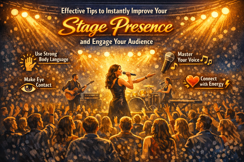 Illustration of a singer and band performing on a brightly lit stage, facing a cheering audience with raised hands. Visual icons highlight key stage presence tips: strong body language, eye contact, vocal mastery, and energetic connection. The scene conveys confidence, emotional engagement, and the transformative power of live performance.
